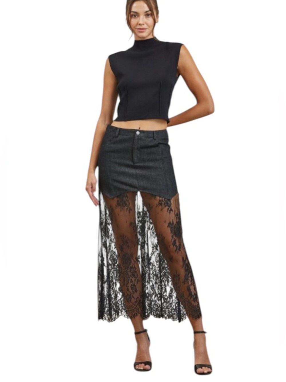 Women’s Black High-Low Lace Overlay Skirt